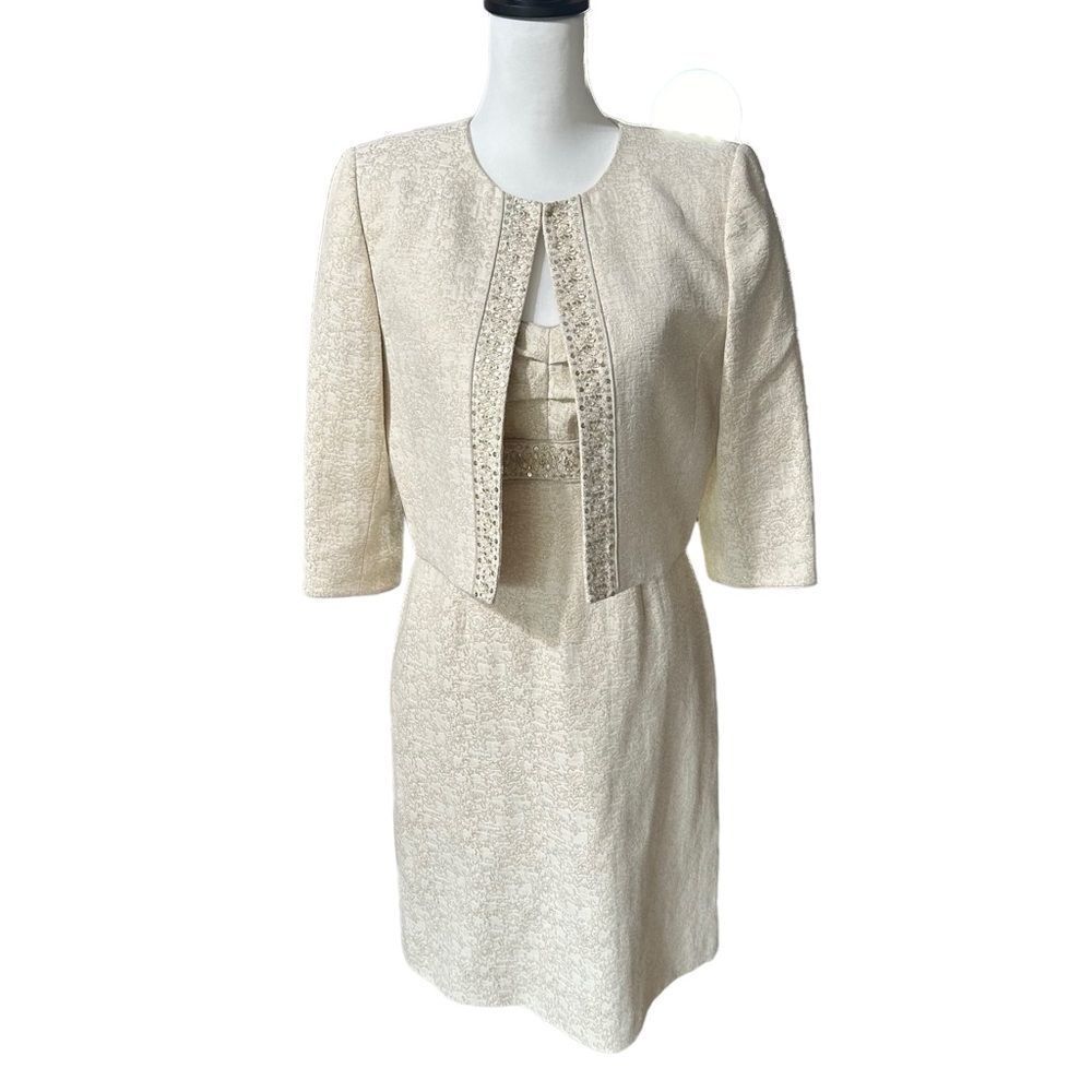 Tahari 2 Piece Dress Bolero Jacket Suit Cream Gold Elegant Embellished Size 4-6